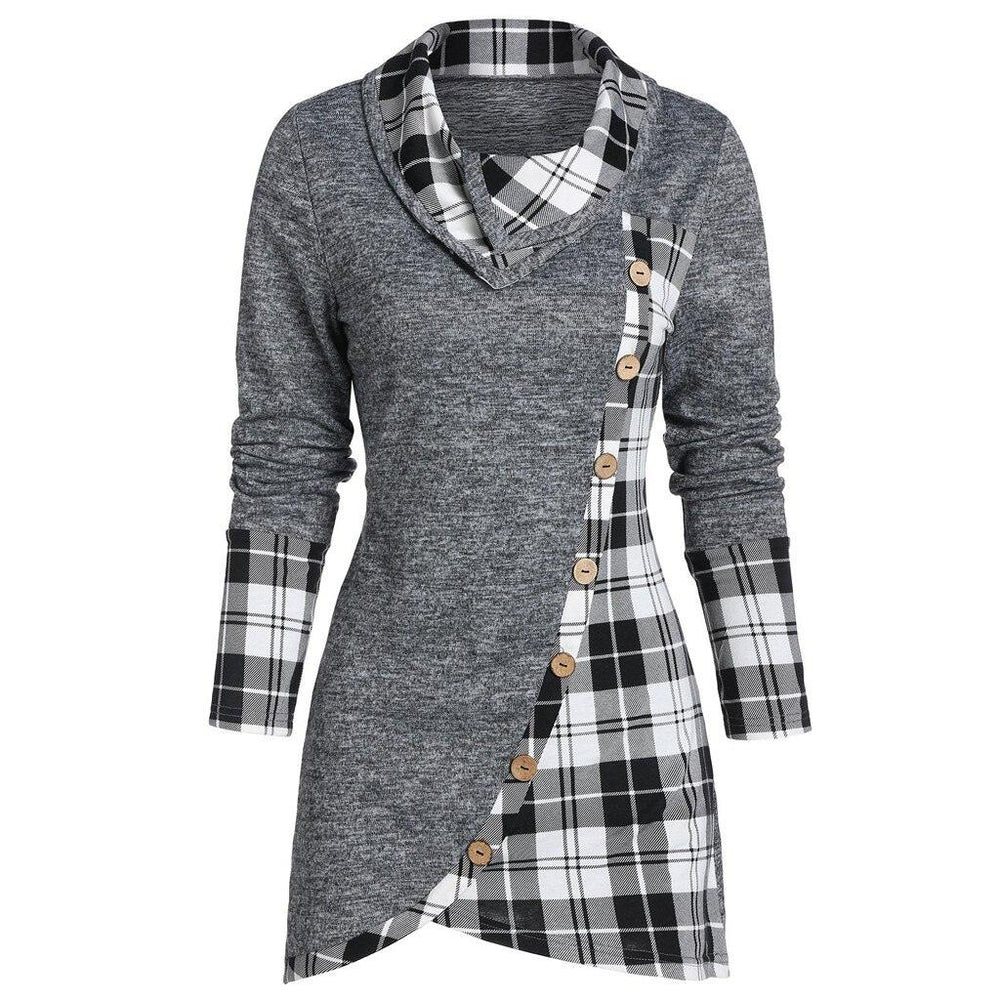 Plaid Colorblock Button Asymmetric Layered Dress Mssaz Desses