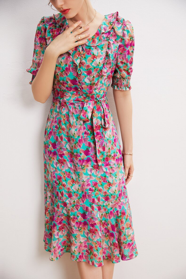 V Neck Short Sleeves Ruffles Sash Belt Printed  Dress Mssaz Desses