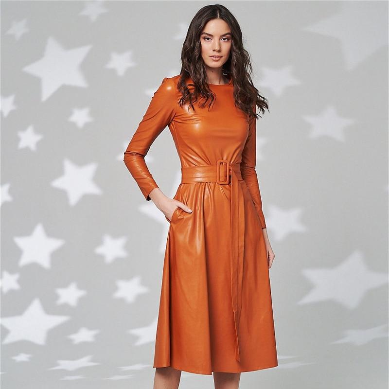 Fit And Flare Winter Dress a Line Pockets Pu Leather Midi Dress Mssaz Desses