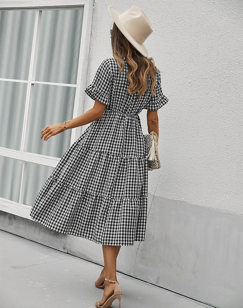 Vintage Plaid Slim Ruffles High Waist Midi Sundress Mssaz Desses