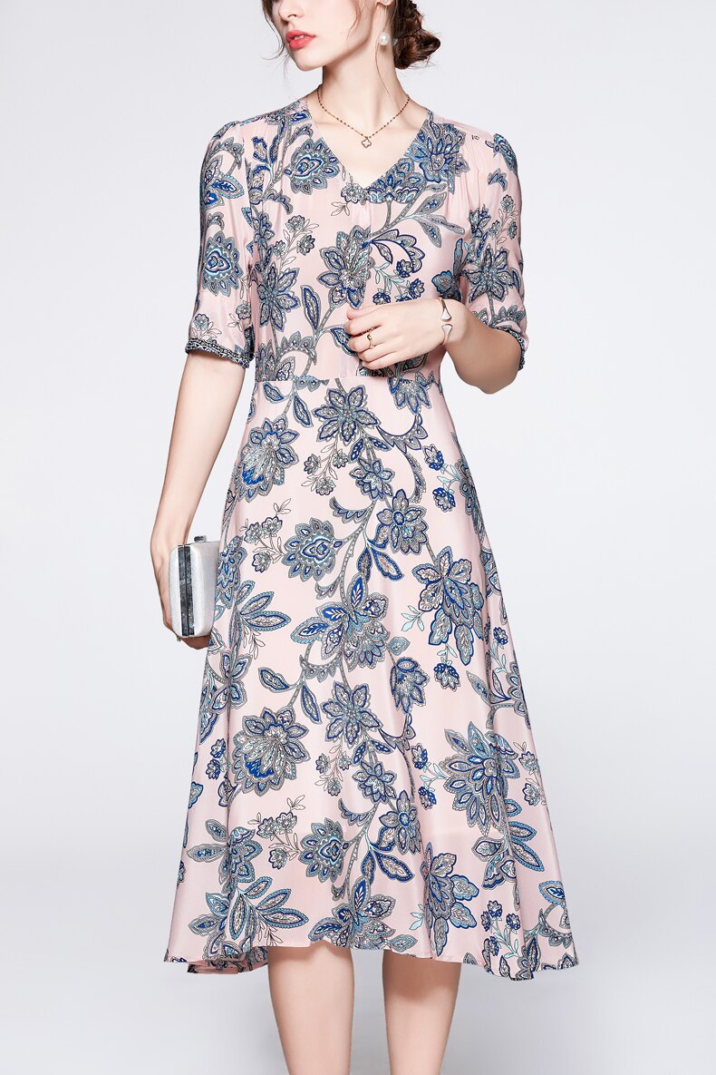 V Neck Short Sleeves Printed Ruched  Dress Mssaz Desses