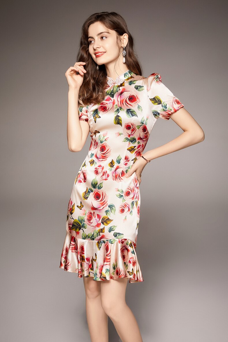 Vintage Stand Collar Short Sleeves Floral Printed Ruffles Elegant Dress Vestidos Mssaz Desses