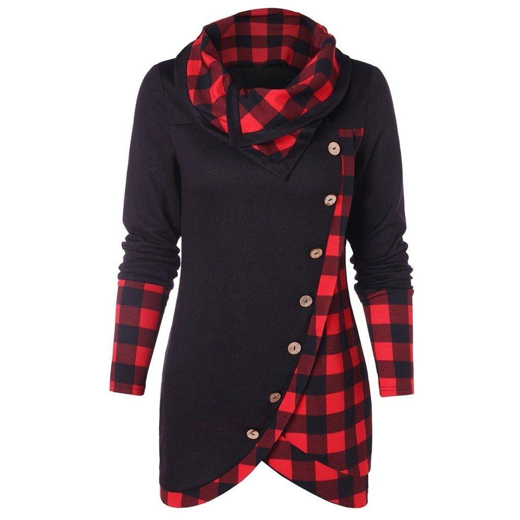 Plaid Colorblock Button Asymmetric Layered Dress Mssaz Desses