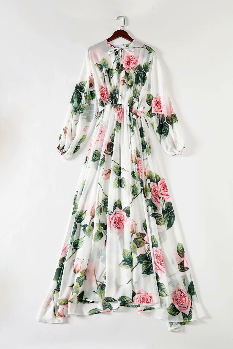 Long Sleeves Floral Printed Lace Up Elegant Maxi Design Casual Dress Mssaz Desses