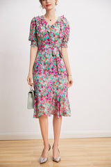 V Neck Short Sleeves Ruffles Sash Belt Printed  Dress Mssaz Desses