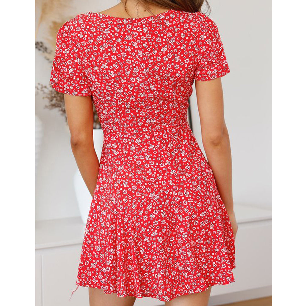 V-Neck High Waist Slim Fit Flared A-Line Mini Dress Mssaz Desses