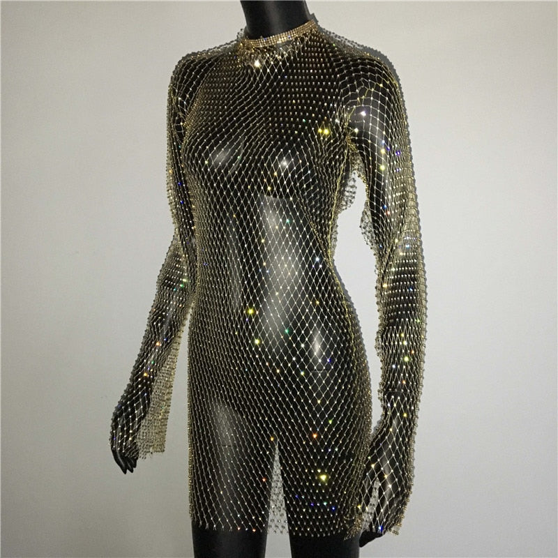 Bling Rhinestones Fishnet Mini Dress  Long Sleeve Crystal Dress Mssaz Desses