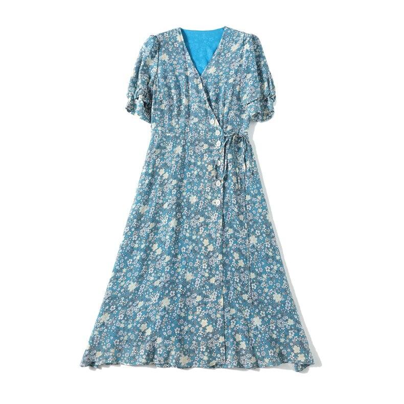 V Neck Short Sleeves Printed Buttons Lace Up Dress Mssaz Desses