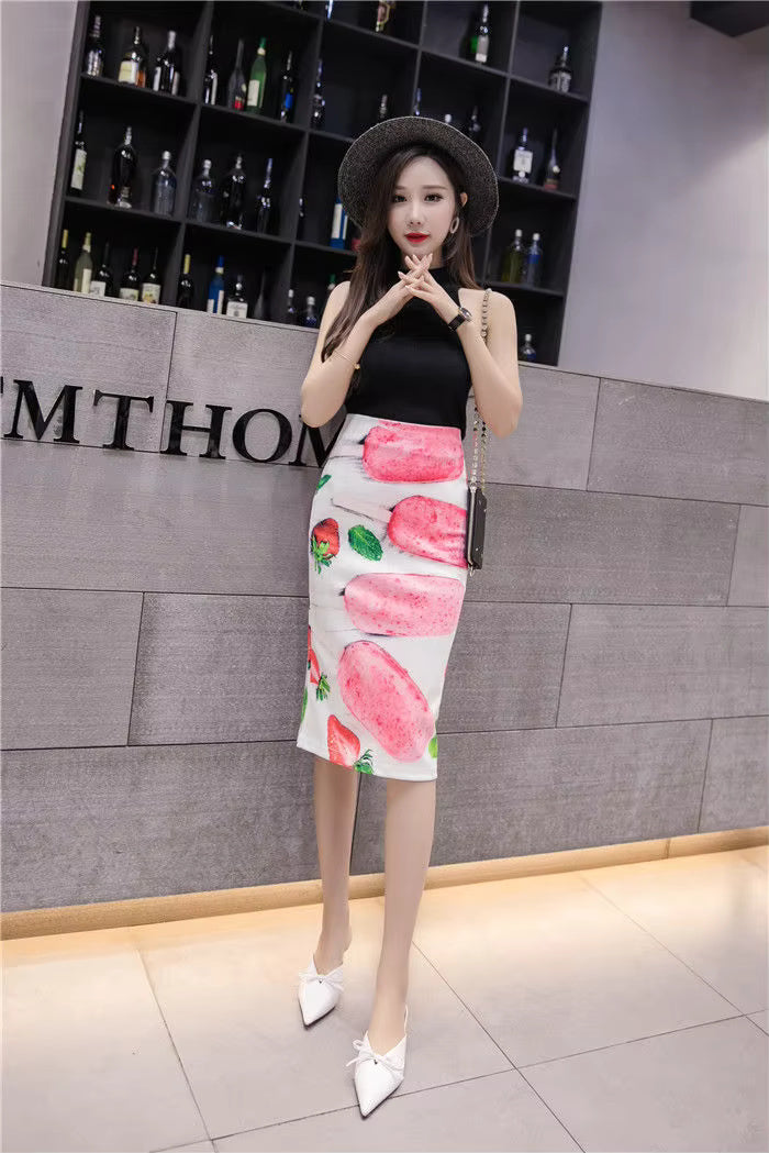 Mermaid Printed Split Style High Waist Slim Zipper Bag Hip Vintage All-match Skirt Mssza