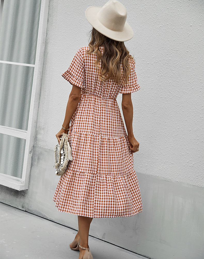 Vintage Plaid Slim Ruffles High Waist Midi Sundress Mssaz Desses