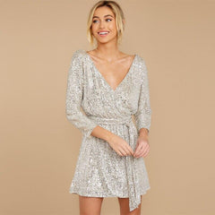 Deep V-neck Batwing Sleeve Sequin Mini Dress Mssaz Desses