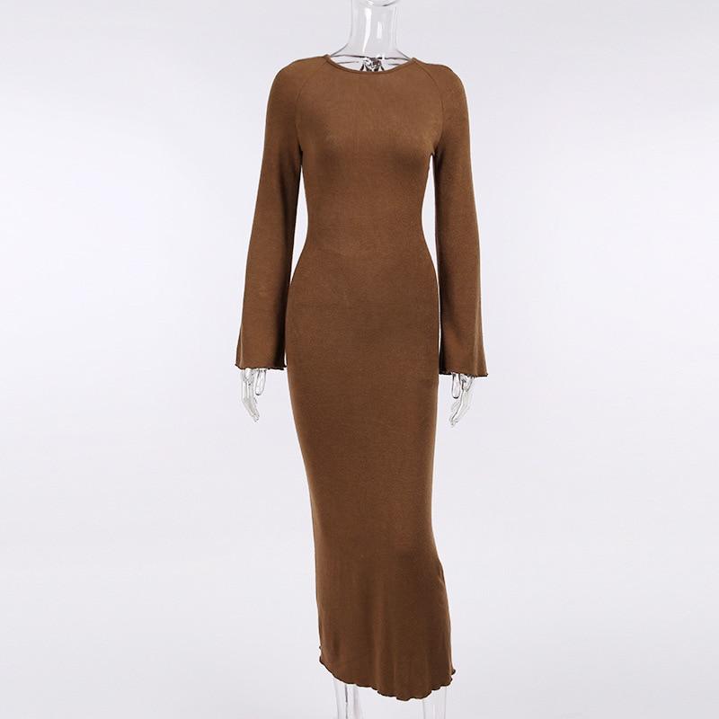 solid knitted open back flared long sleeve maxi dress Mssaz Desses
