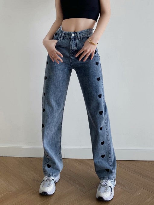 Heart Embroidery Straight Leg High Waisted Jeans Mssza