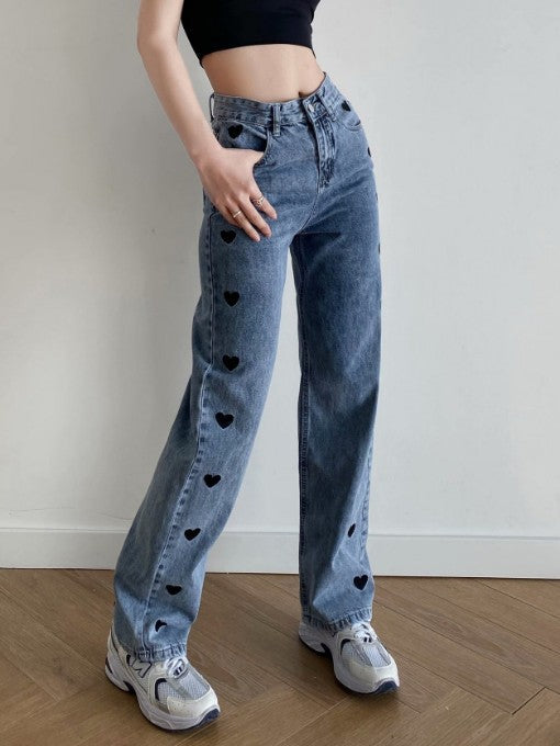 Heart Embroidery Straight Leg High Waisted Jeans Mssza