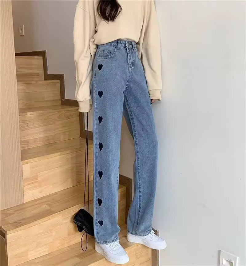 Heart Embroidery Straight Leg High Waisted Jeans Mssza