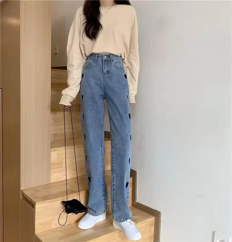 Heart Embroidery Straight Leg High Waisted Jeans Mssza