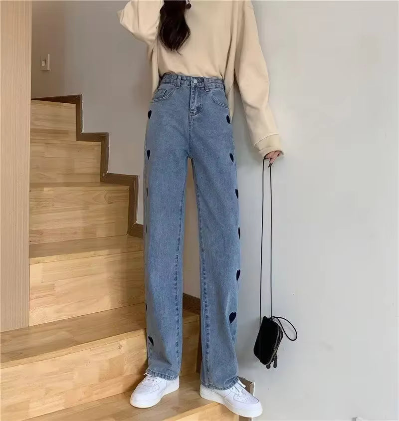 Heart Embroidery Straight Leg High Waisted Jeans Mssza