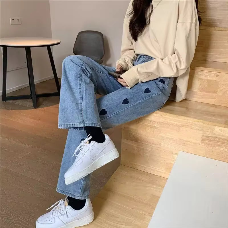 Heart Embroidery Straight Leg High Waisted Jeans Mssza