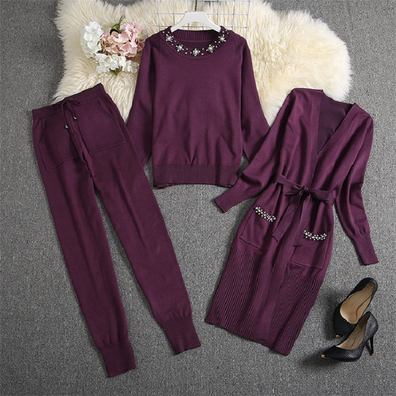 Heavy-work Diamond Cardigans Sweater Pants Suit Mssza