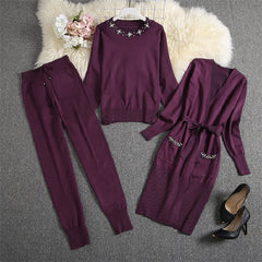 Heavy-work Diamond Cardigans Sweater Pants Suit Mssza