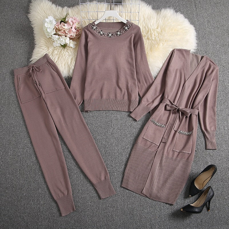 Heavy-work Diamond Cardigans Sweater Pants Suit Mssza