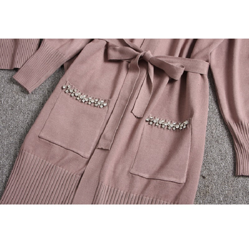 Heavy-work Diamond Cardigans Sweater Pants Suit Mssza
