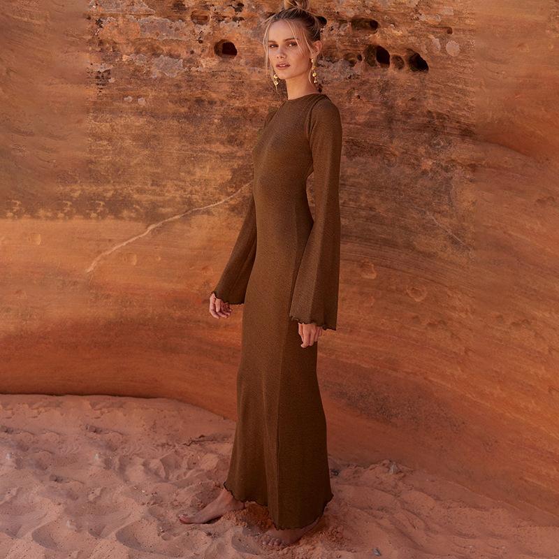 solid knitted open back flared long sleeve maxi dress Mssaz Desses