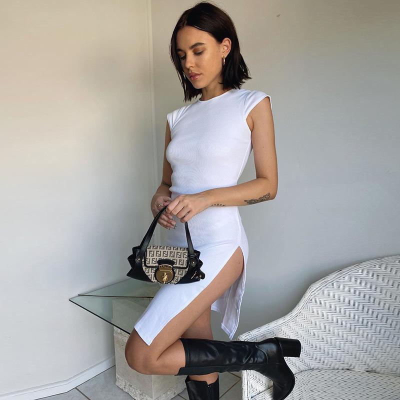Woman Ribbed Short Sleeve High Slit Bodycon Dress Mssaz Desses