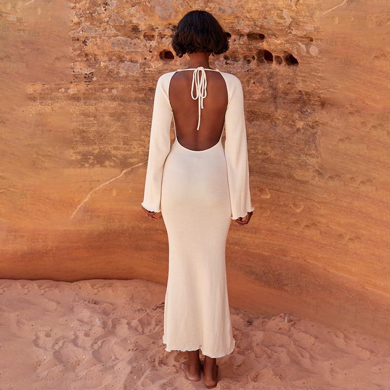 solid knitted open back flared long sleeve maxi dress Mssaz Desses
