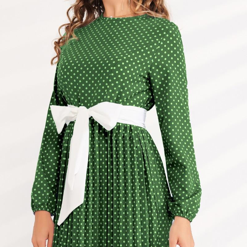 New Round Neck Polka Dot Waist Slimming Belt Long Pleated Lantern Sleeve Sweet and Versatile Dress Mssaz Desses