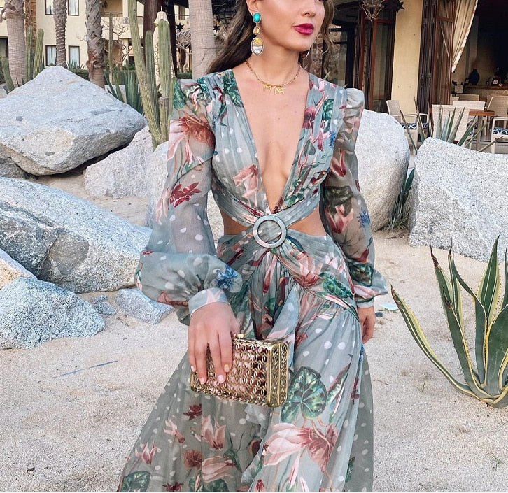 Long Sleeved Ruffles Deep V Neck Long Beach Prom Dresses Mssaz Desses