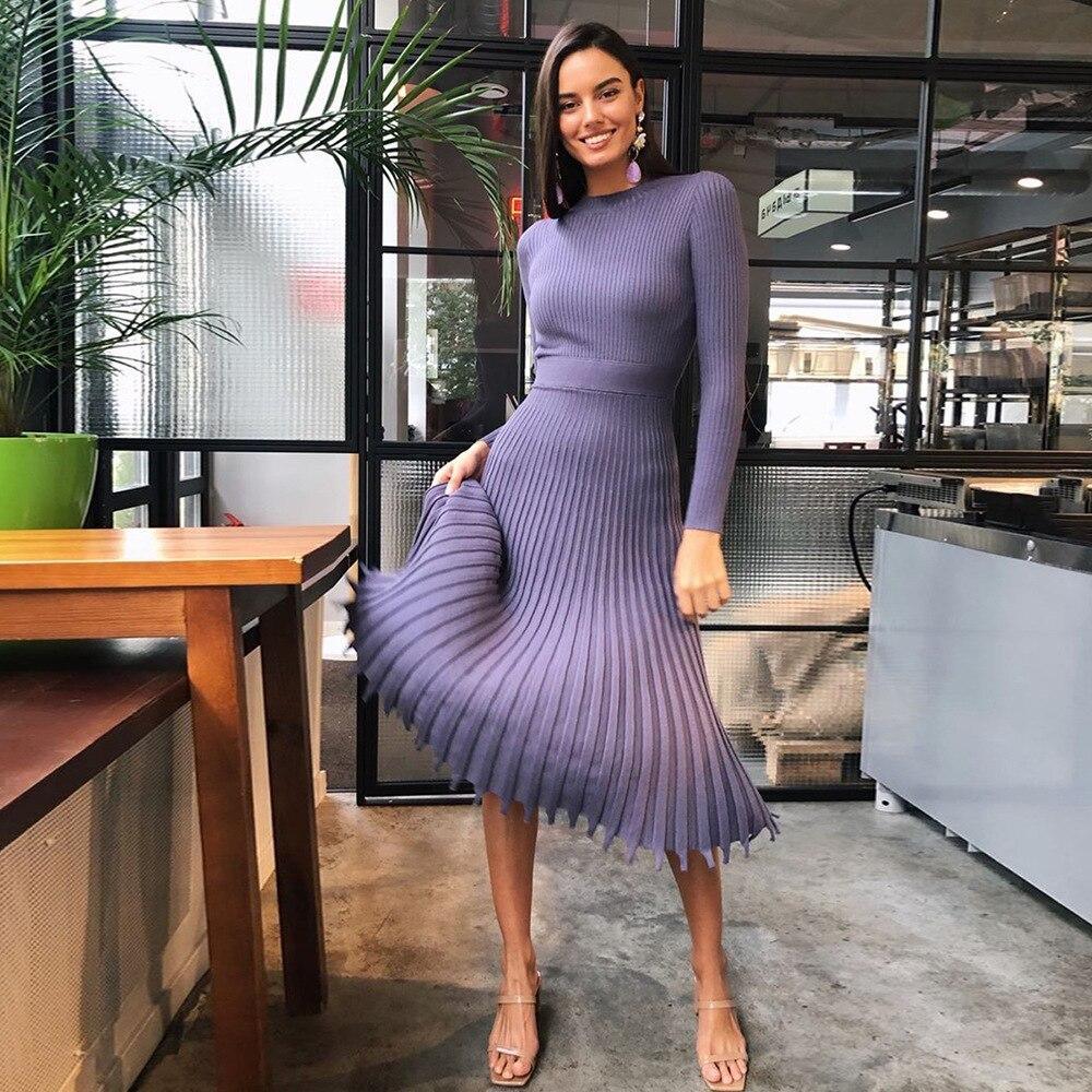 Knitted Long Dress Autumn Winter Slim Sleeve Ladies Dresses Mssaz Desses