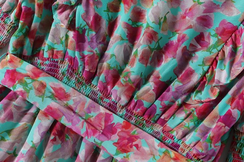 V Neck Short Sleeves Ruffles Sash Belt Printed  Dress Mssaz Desses