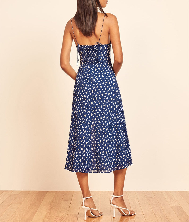 Neck Sleeveless Print Chiffon Midi Dress Strap Side High Slit  Dress Mssaz Desses