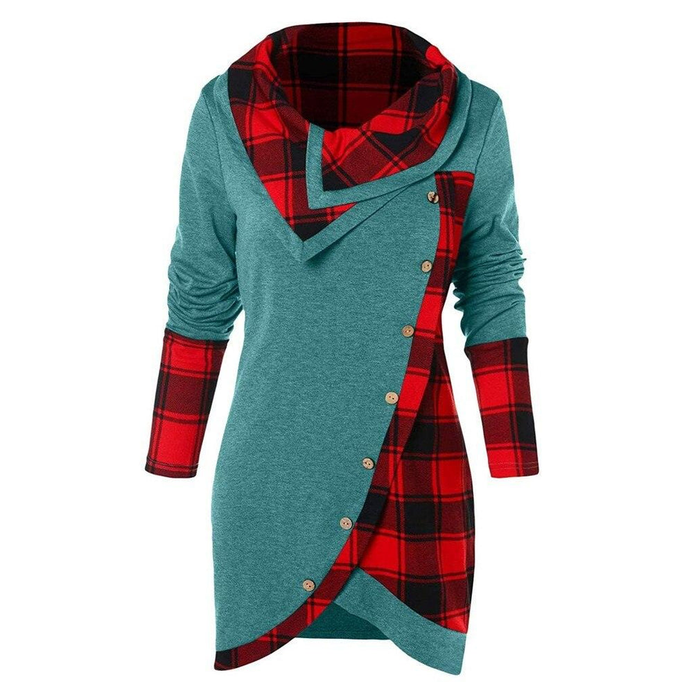 Plaid Colorblock Button Asymmetric Layered Dress Mssaz Desses