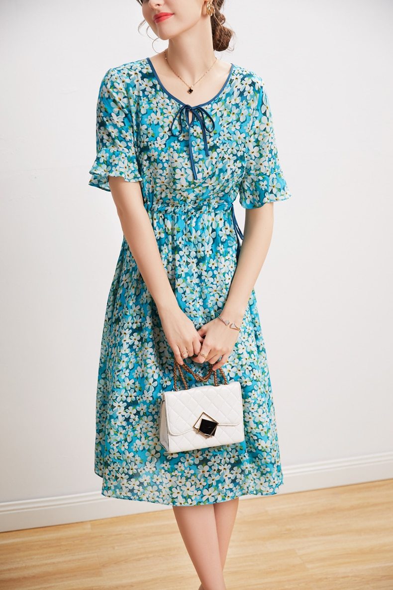O Neck Short Sleeves Lace Up Waist Floral Printed Elegant  Dress Mssaz Desses