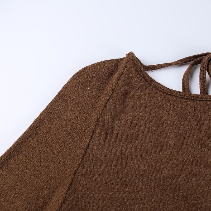 solid knitted open back flared long sleeve maxi dress Mssaz Desses
