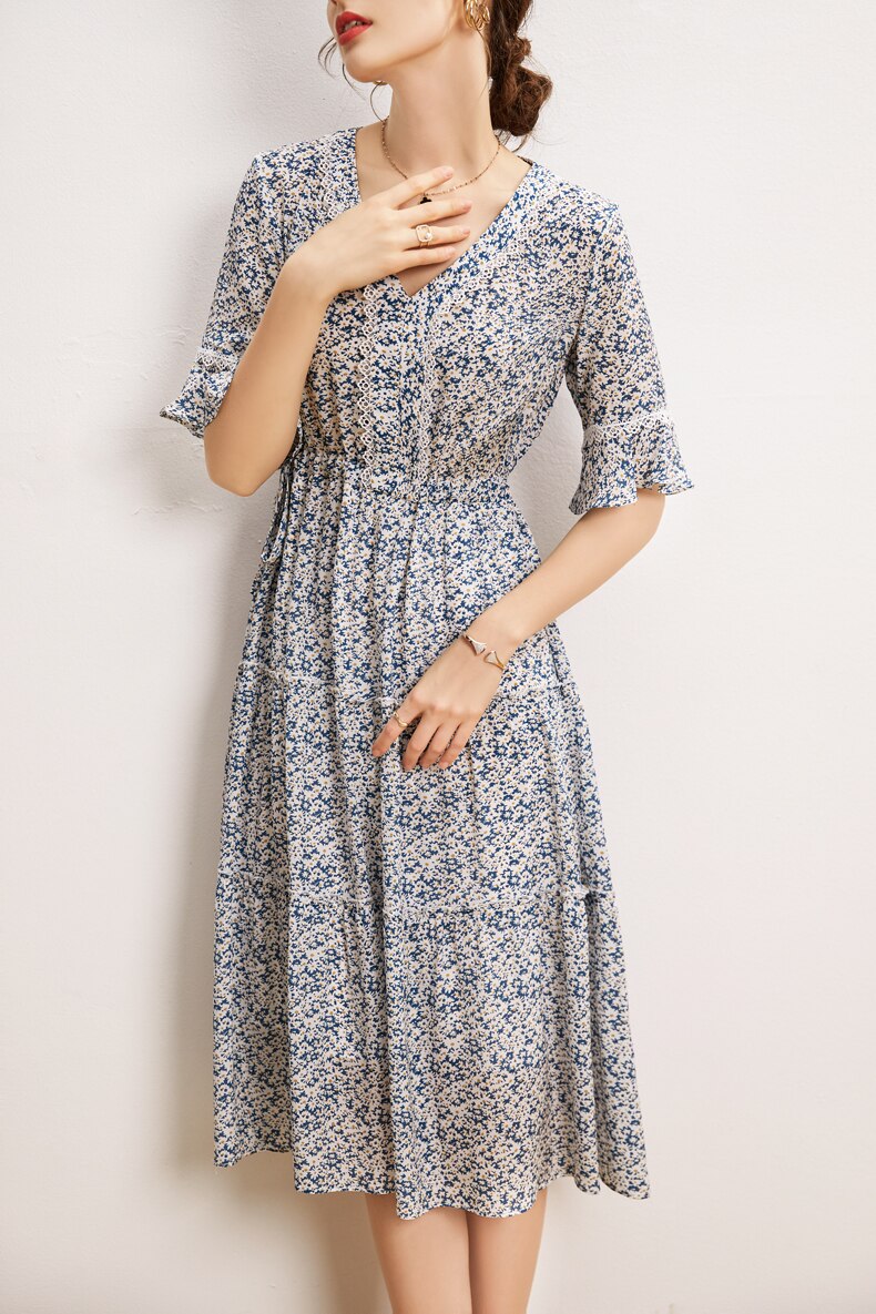 V Neck Short Sleeves Ruffles Floral Printed Holiday Dress Mssaz Desses
