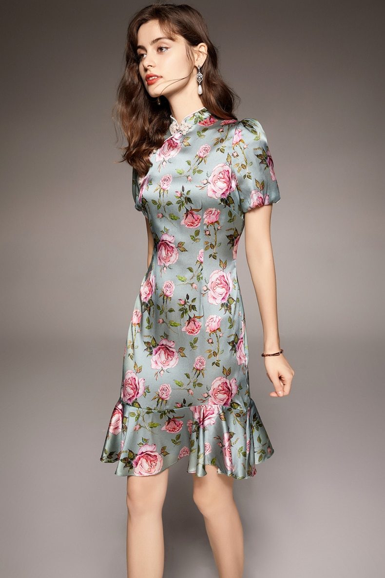 Vintage Stand Collar Short Sleeves Floral Printed Ruffles Elegant Dress Vestidos Mssaz Desses
