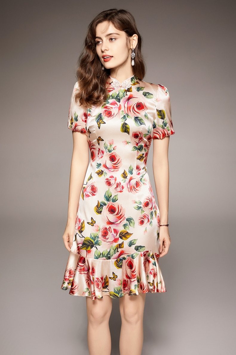 Vintage Stand Collar Short Sleeves Floral Printed Ruffles Elegant Dress Vestidos Mssaz Desses