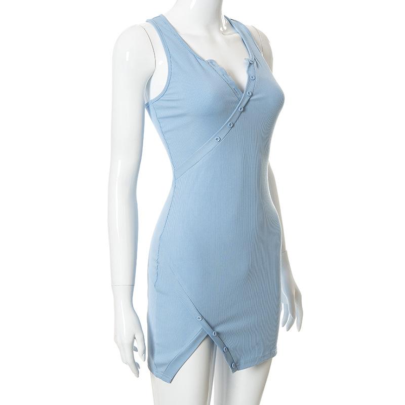 Split Button Sleeveless V Neck Bodycon Mini Dress Mssaz Desses