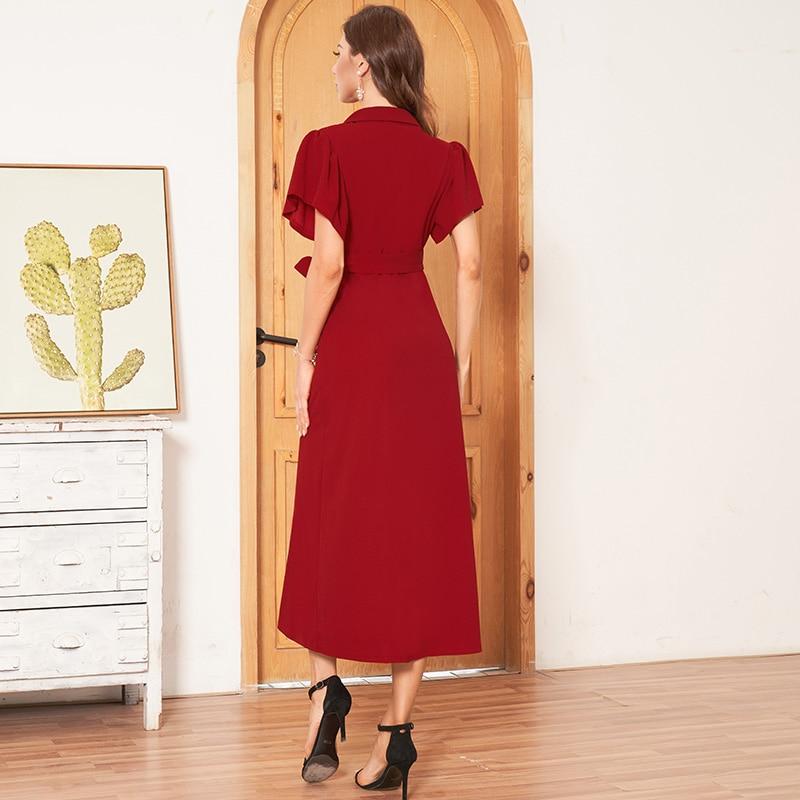 New Solid Color Waist Temperament Feminine Long Over-the-knee Suit Collar Short-sleeved Stretch Dress Mssaz Desses