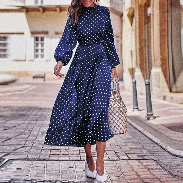 Boho Long Dress Blue Long Sleeve Elegant Dress Polka Dot Print Elegant Dress Mssaz Desses