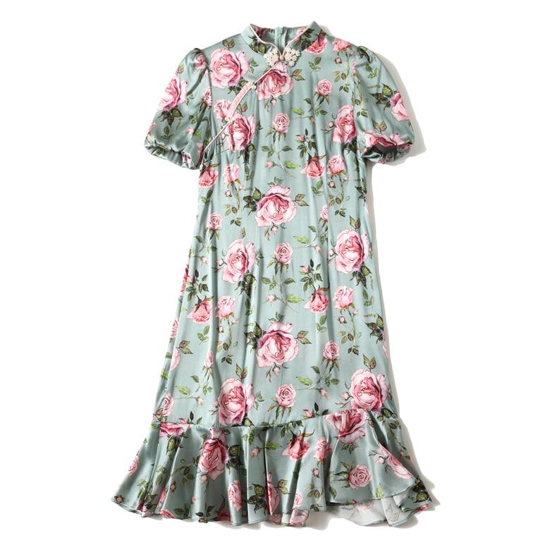 Vintage Stand Collar Short Sleeves Floral Printed Ruffles Elegant Dress Vestidos Mssaz Desses