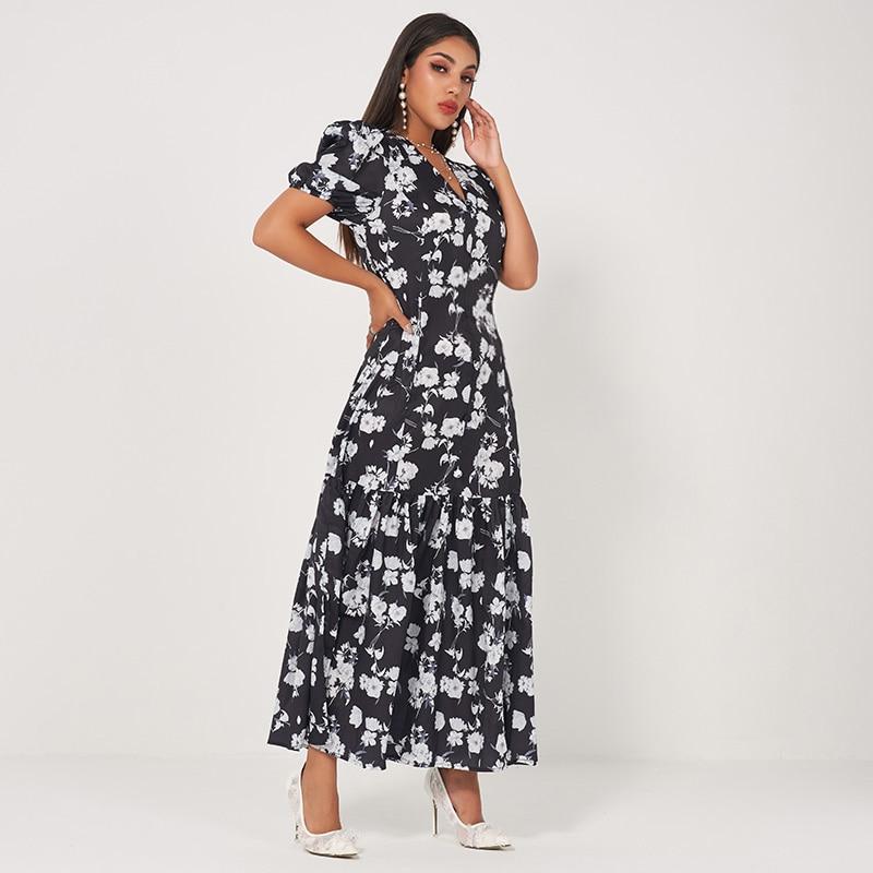 New Retro Long Waist Fishtail Slim-fit V-neck Lantern Sleeves Banquet Floral Sweet Dress Mssaz Desses