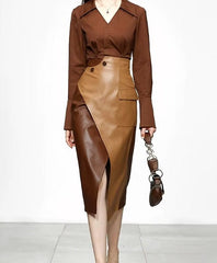 Hidden Breasted Shirt And High Waist Pencil Skirts 2 Pieces Set Mssza