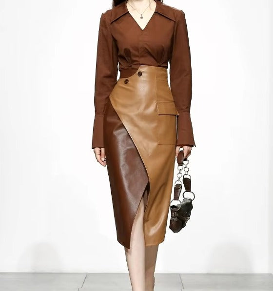 Hidden Breasted Shirt And High Waist Pencil Skirts 2 Pieces Set Mssza