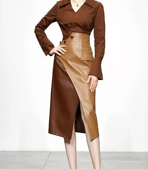 Hidden Breasted Shirt And High Waist Pencil Skirts 2 Pieces Set Mssza