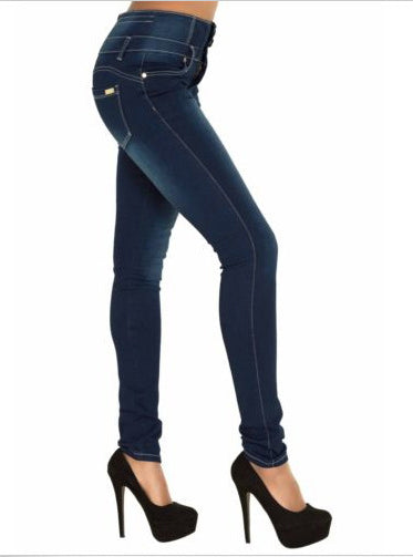 High Button Down and Zip Waist Faded Denim Skinny Scrunch Jeans Mssza