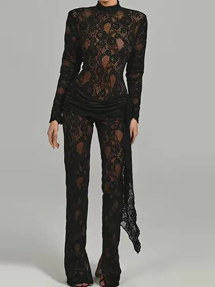 High Neck Long Sleeve Floral Lace Draped Folds Nightclub Wear Jumpsuit Mssza